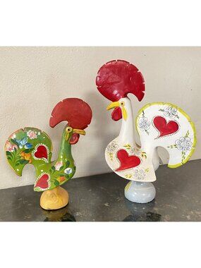 2 Vintage Handpainted Folk Art Portuguese Good Luck Ceramic Roosters READ